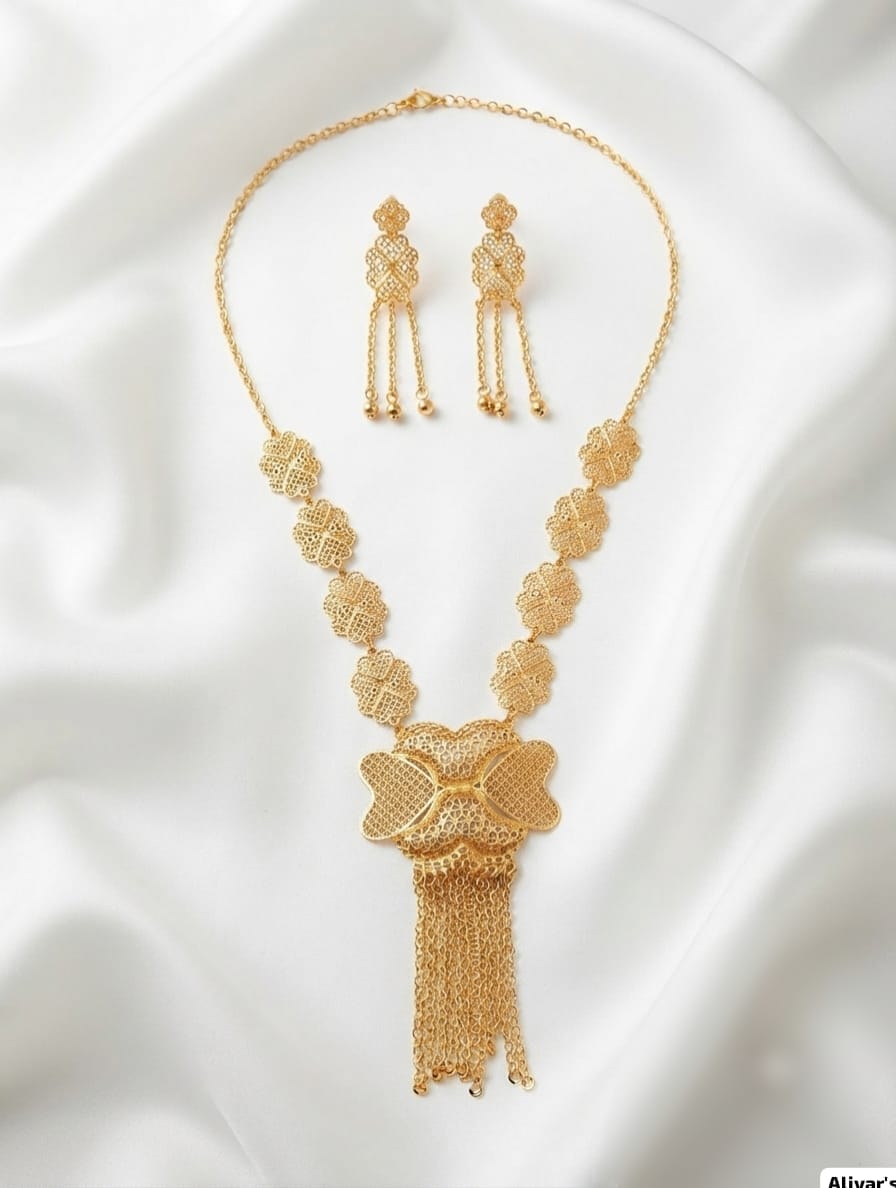 Unique Style Gold Plated Long Mala With Earrings
