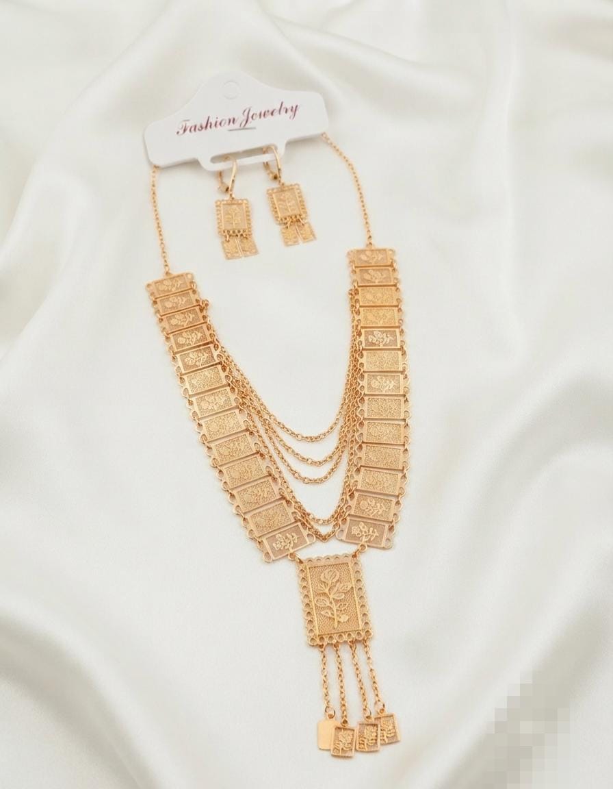 Gold Plated Multi Strand Rectangular Plaque Necklace And Matching Earrings Set