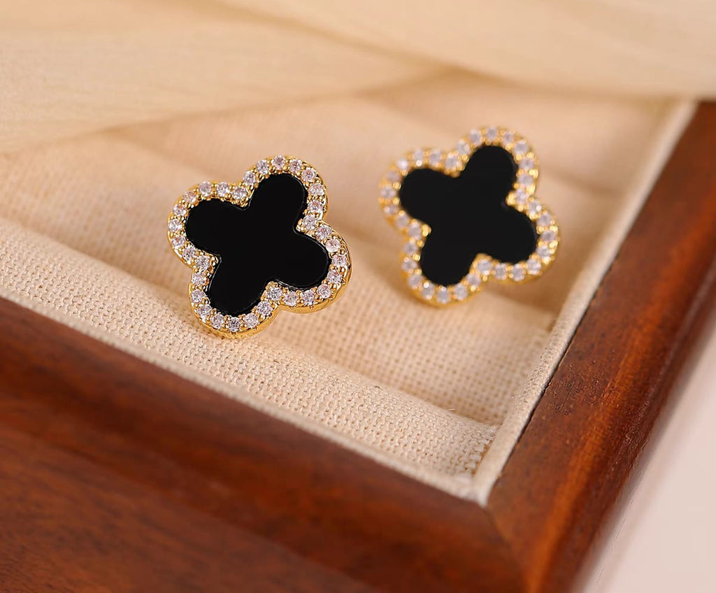 Stainless steel Flower zircon studs Earrings - black