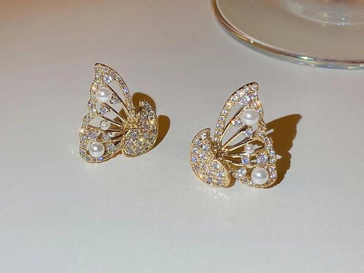 Korean Zircon And Pearl Butterfly front back earrings | Luxury Look Artificial Earrings