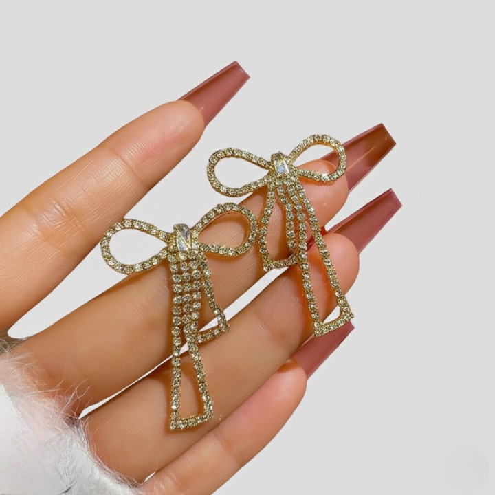 Touch Of Glamour To Your Look With These Bow Shape Zircon Korean Earrings – Color Golden
