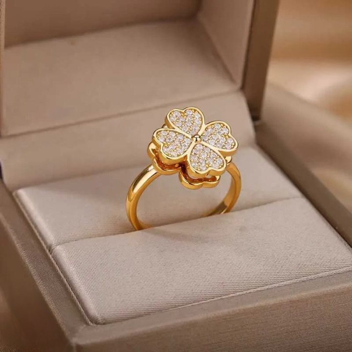 Clover Zircon Rotating Ring – Silver & Golden, Adjustable Spinner Ring for Women