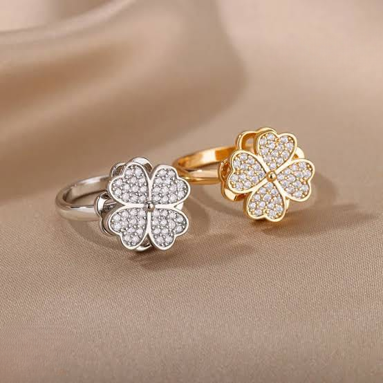 Clover Zircon Rotating Ring – Silver & Golden, Adjustable Spinner Ring for Women