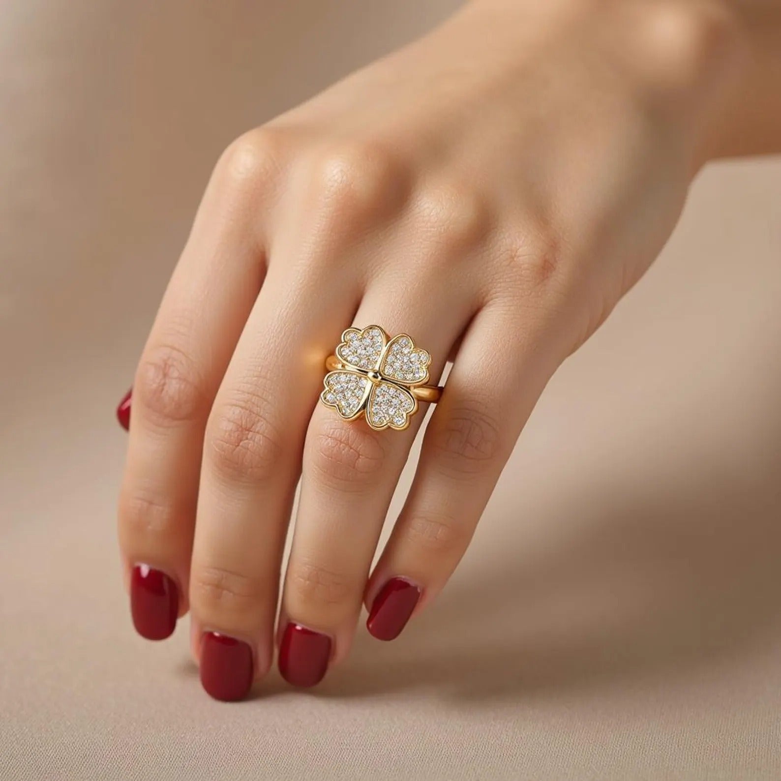 Clover Zircon Rotating Ring – Silver & Golden, Adjustable Spinner Ring for Women