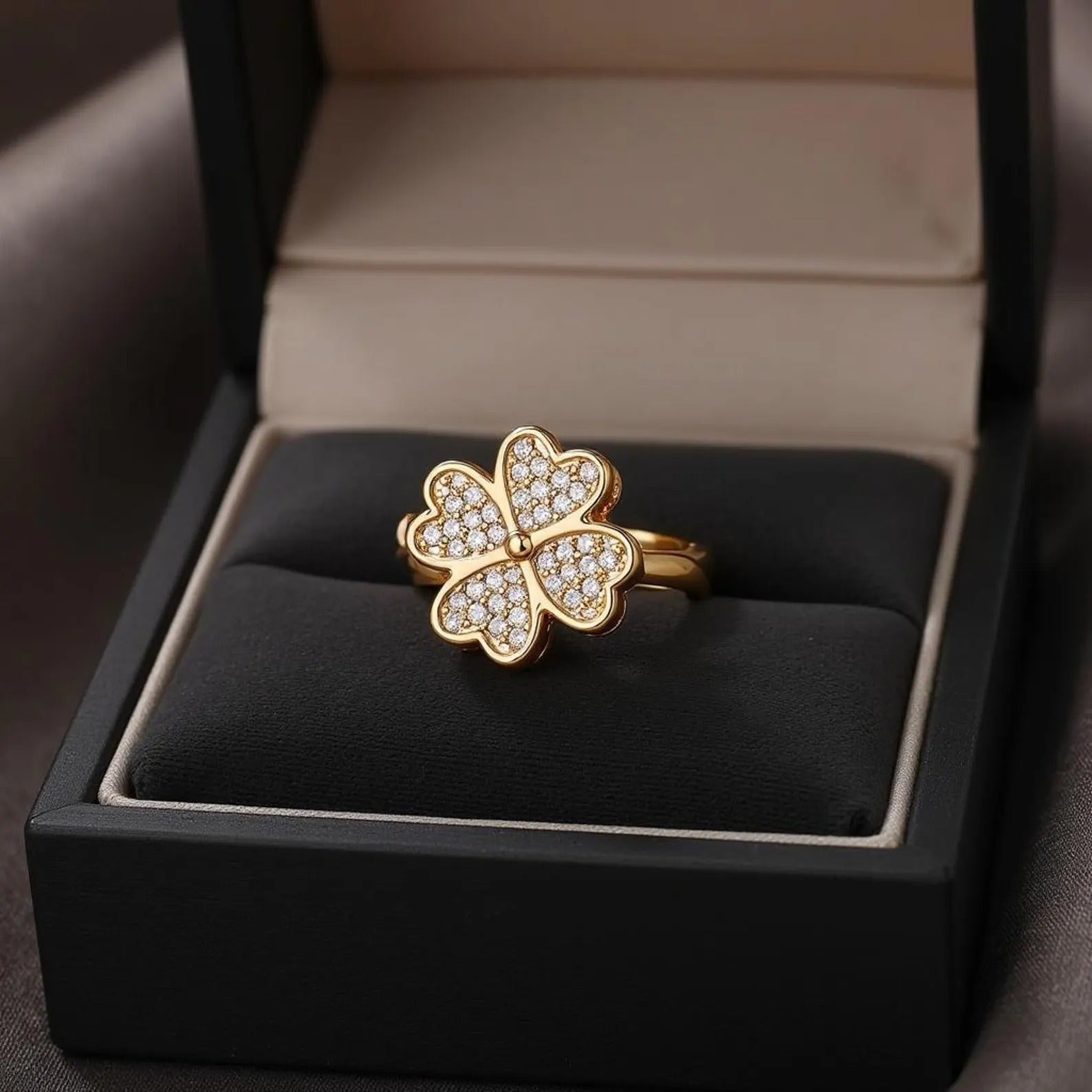 Clover Zircon Rotating Ring – Silver & Golden, Adjustable Spinner Ring for Women