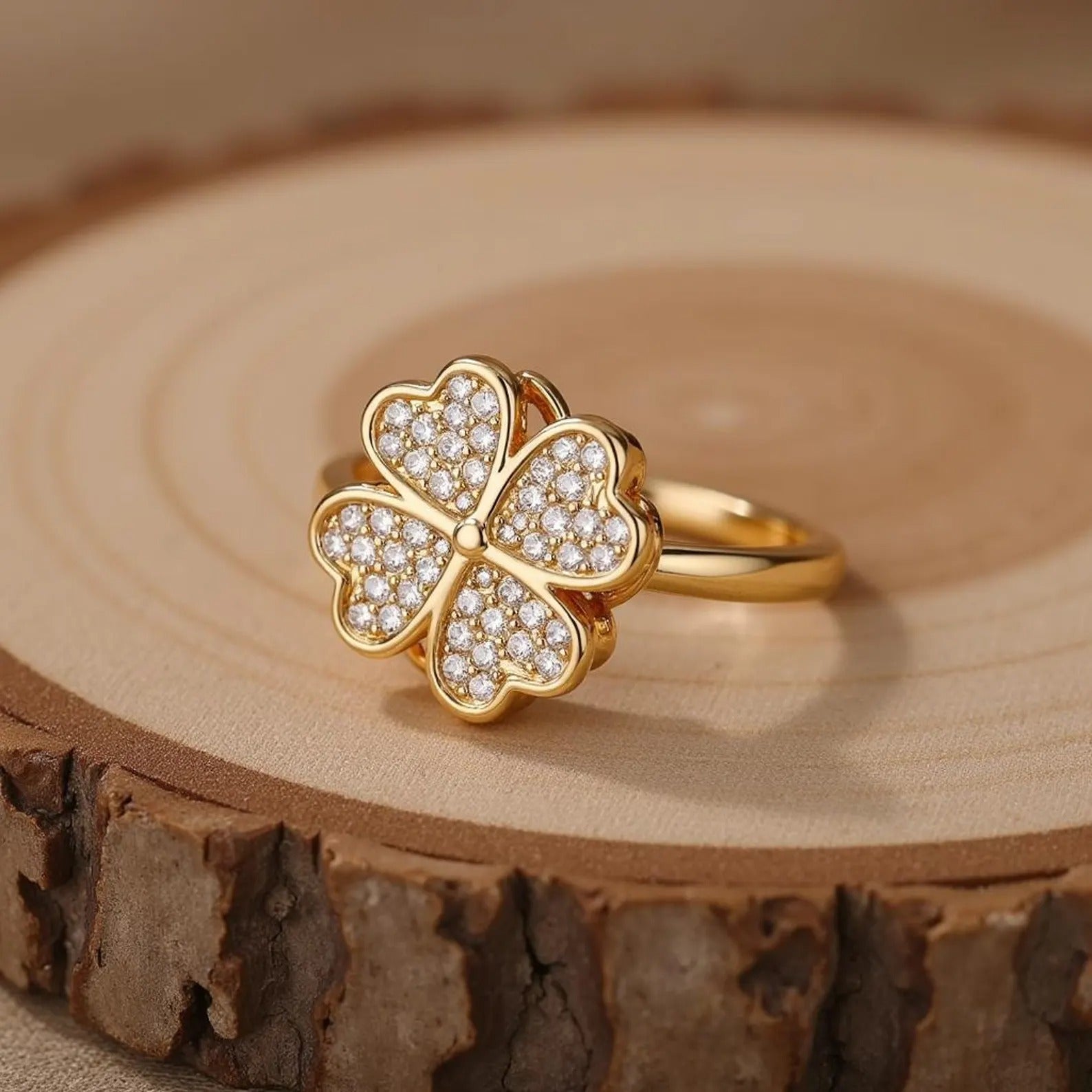 Clover Zircon Rotating Ring – Silver & Golden, Adjustable Spinner Ring for Women