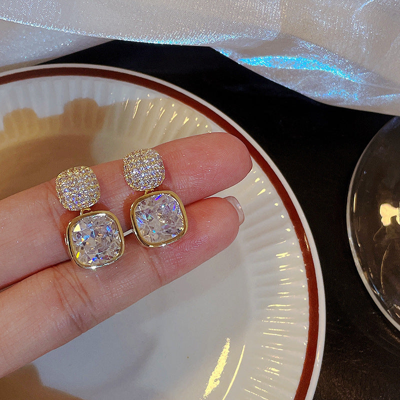Korean Zircon Crystal Earrings - Golden