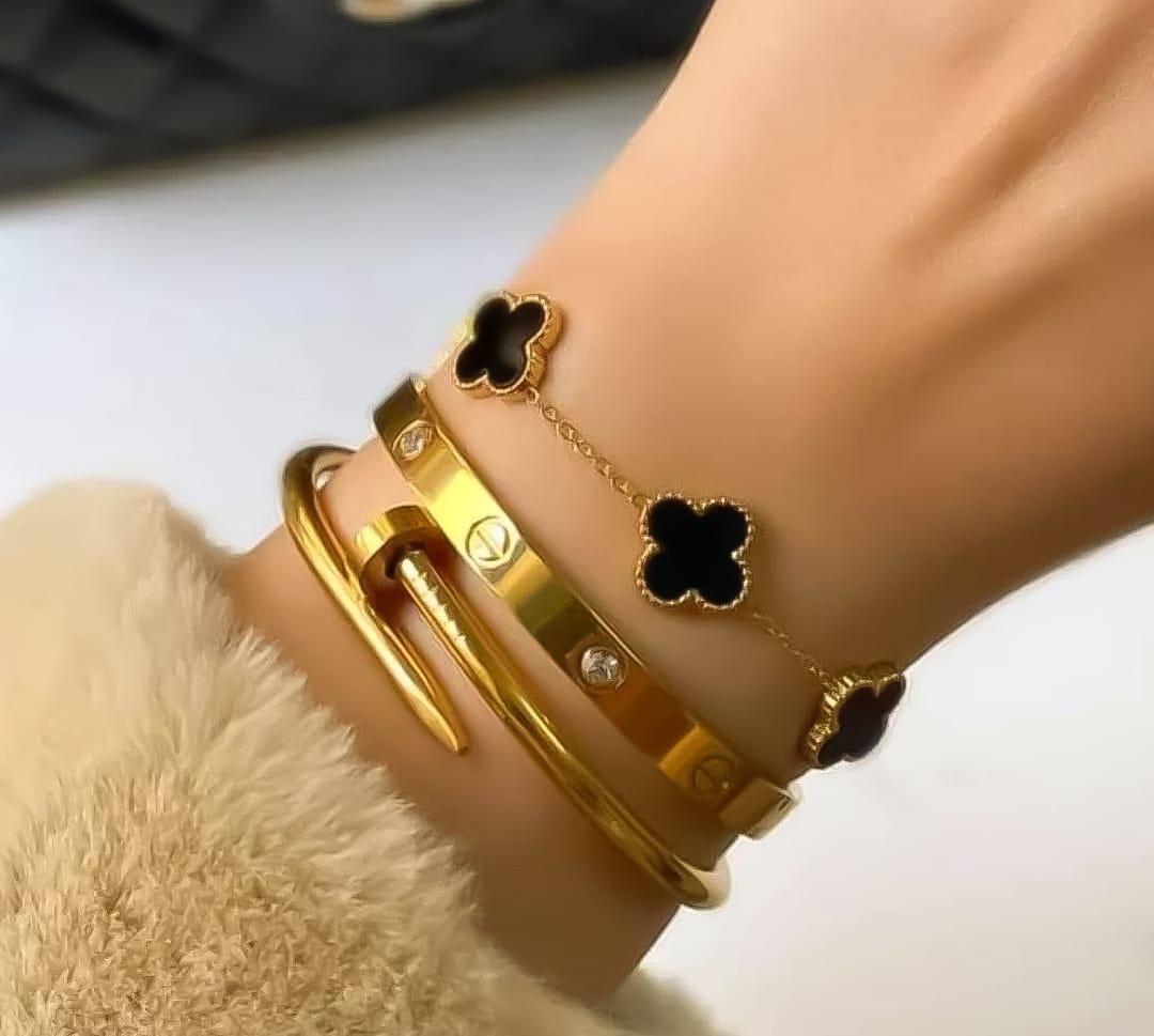 3 PC Stainless Steel Bangle Set for Women: Elegant Gold-Tone Stackable Jewelry.
