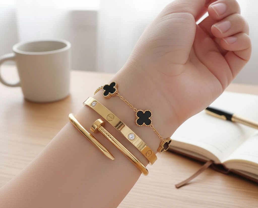 3 PC Stainless Steel Bangle Set for Women: Elegant Gold-Tone Stackable Jewelry.