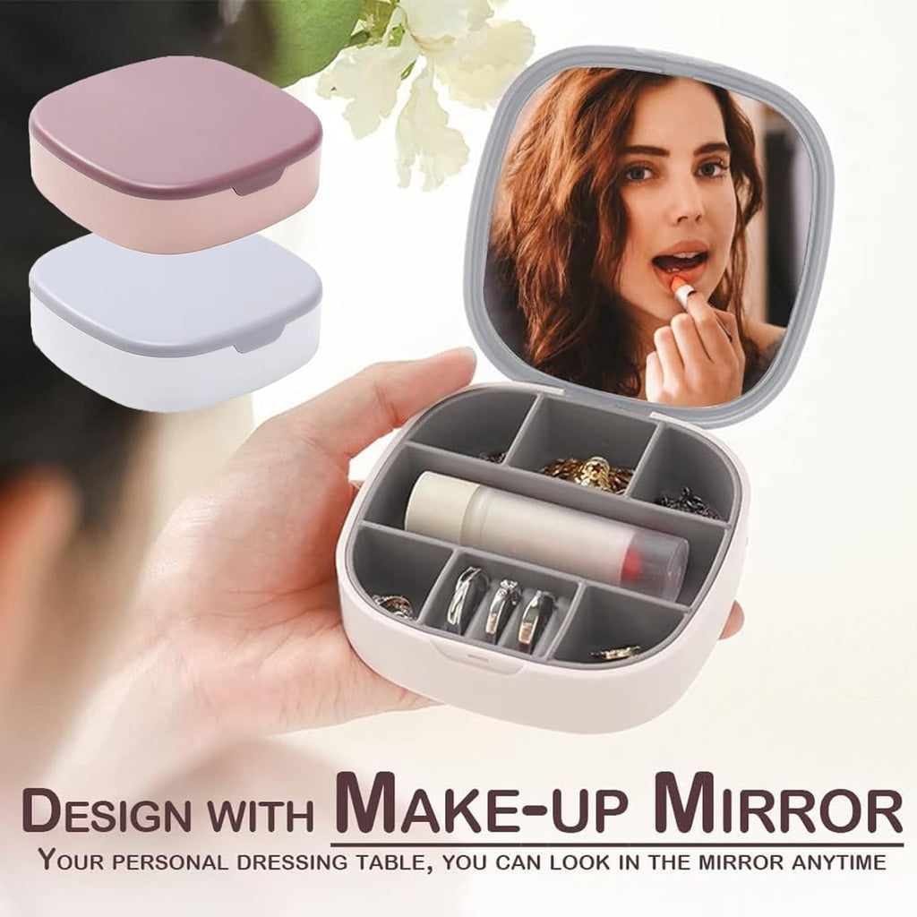 Portable Mini Jewelry Storage Box with Built-In Mirror – Compact Travel Organizer for Rings, Earrings, and Necklaces