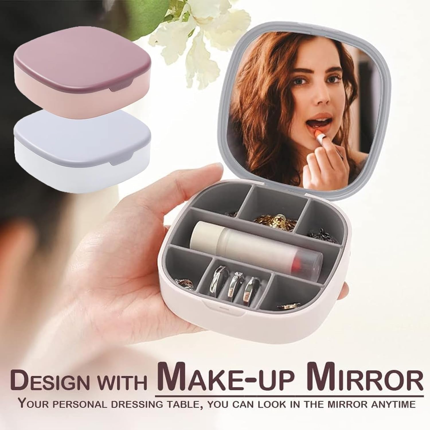 Portable Mini Jewelry Storage Box with Built-In Mirror – Compact Travel Organizer for Rings, Earrings, and Necklaces