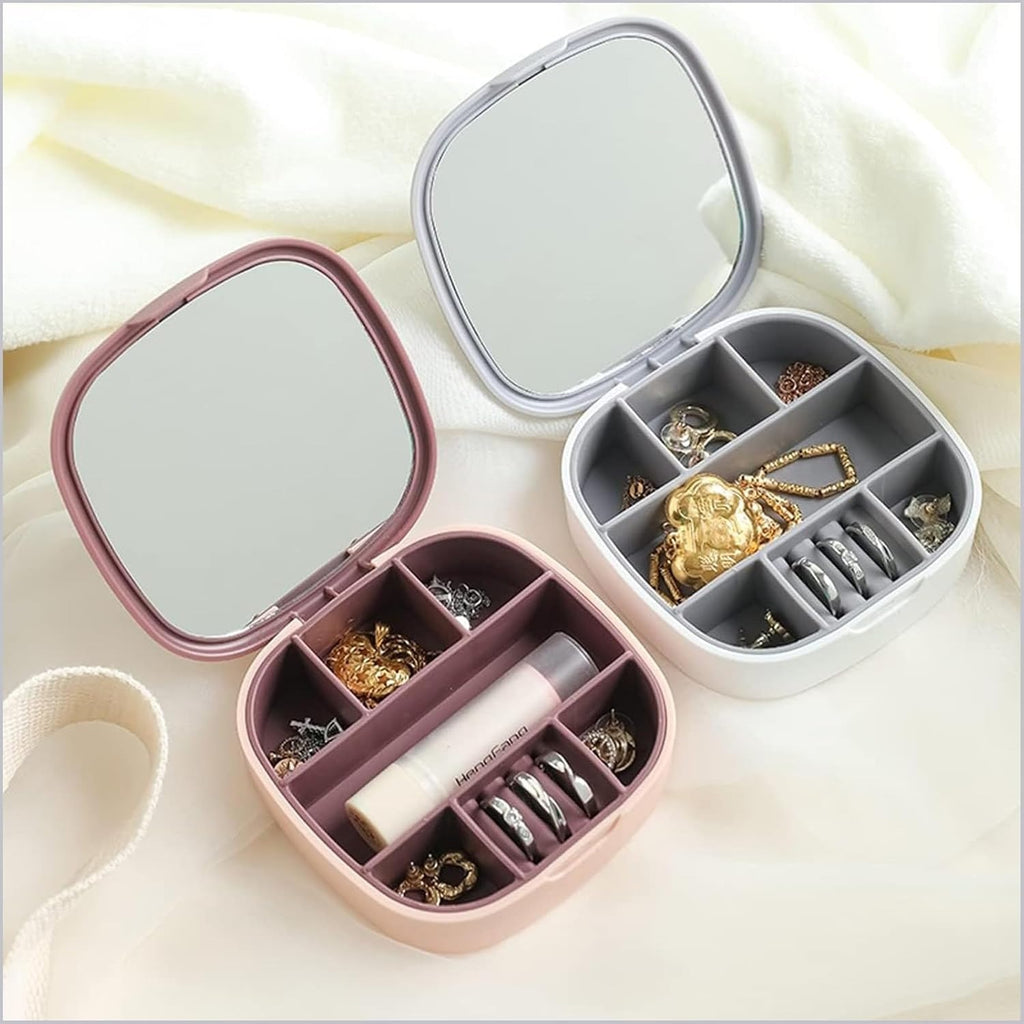 Portable Mini Jewelry Storage Box with Built-In Mirror – Compact Travel Organizer for Rings, Earrings, and Necklaces