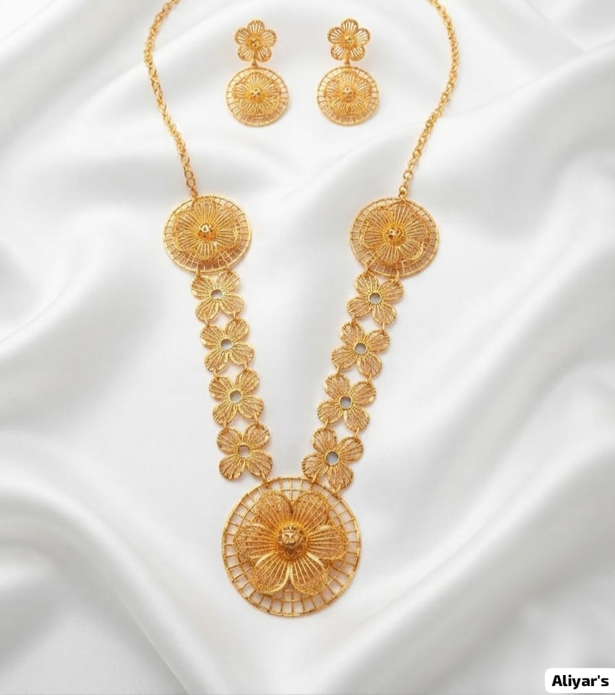 Flower Design Gold Plated Long Mala With Earrings