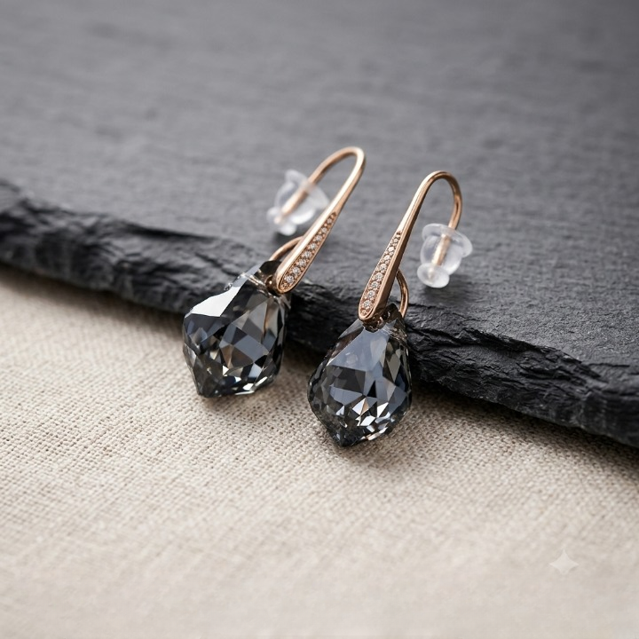 Smoky Grey Faceted Crystal Teardrop Earrings