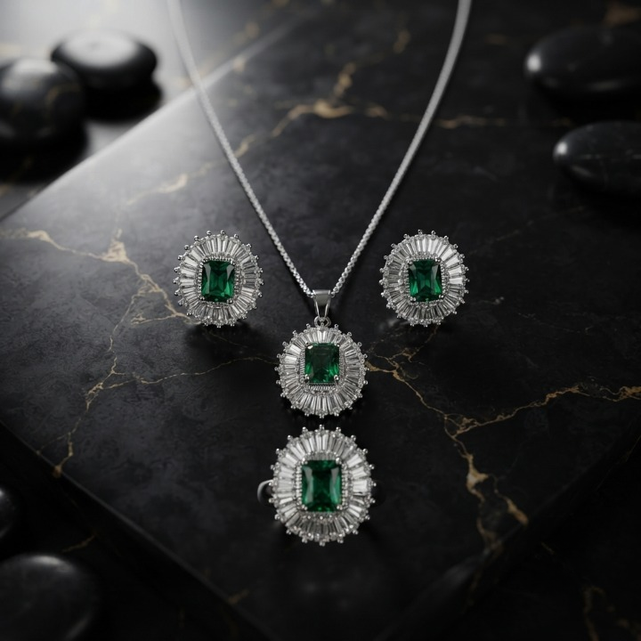 Zircon Combo Jewelry Set Chain With Locket, Stud Earrings And Ring