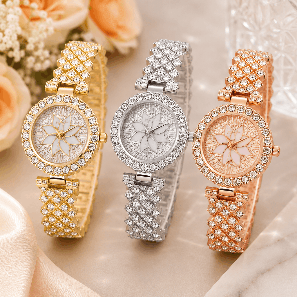 Luxury Floral Crystal Quartz – Rhinestone Bracelet Analog Fashion Wristwatch