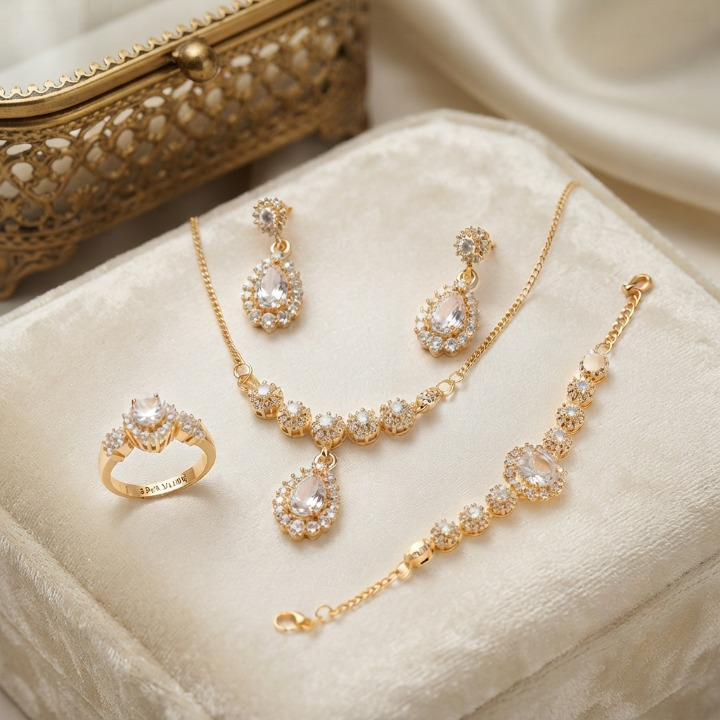 Zircon Combo Jewelry Set With Necklace, Earrings, Bracelet And Ring For Women