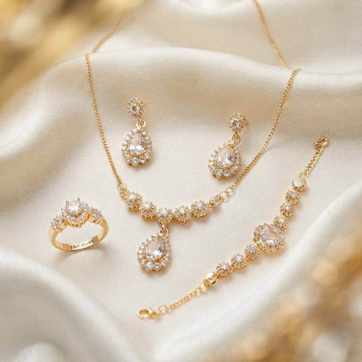 Zircon Combo Jewelry Set With Necklace, Earrings, Bracelet And Ring For Women