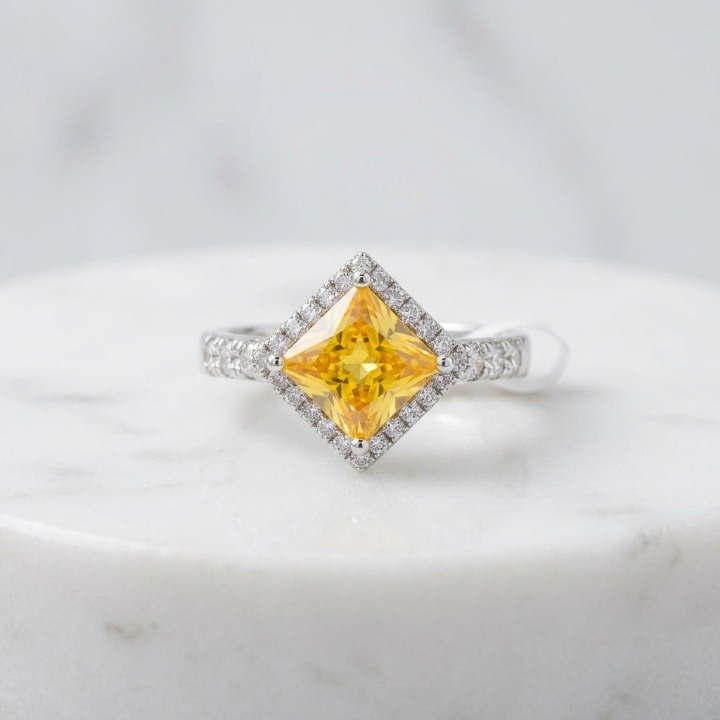 Princess Cut Yellow Citrine Diamond Halo Adjustable Ring Elegant Statement Ring For Women