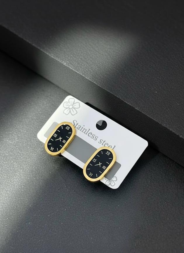 Premium Roman Numeral Clock Earrings – Gold Plated Stainless Steel Oval Stud Earrings