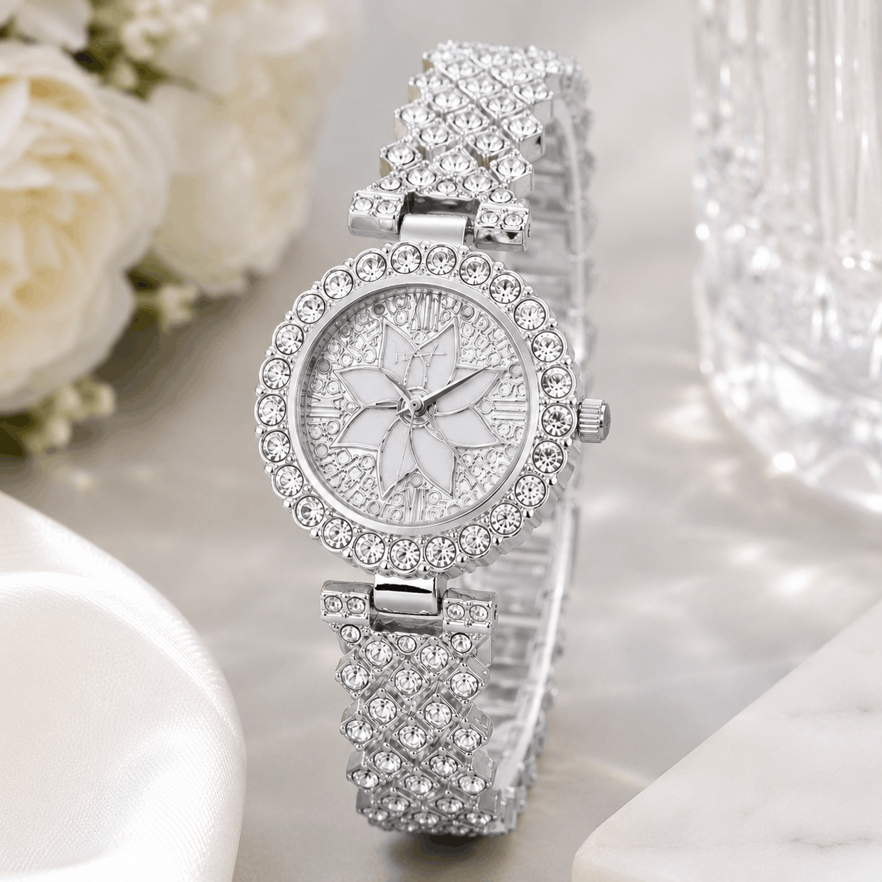 Luxury Floral Crystal Quartz – Rhinestone Bracelet Analog Fashion Wristwatch