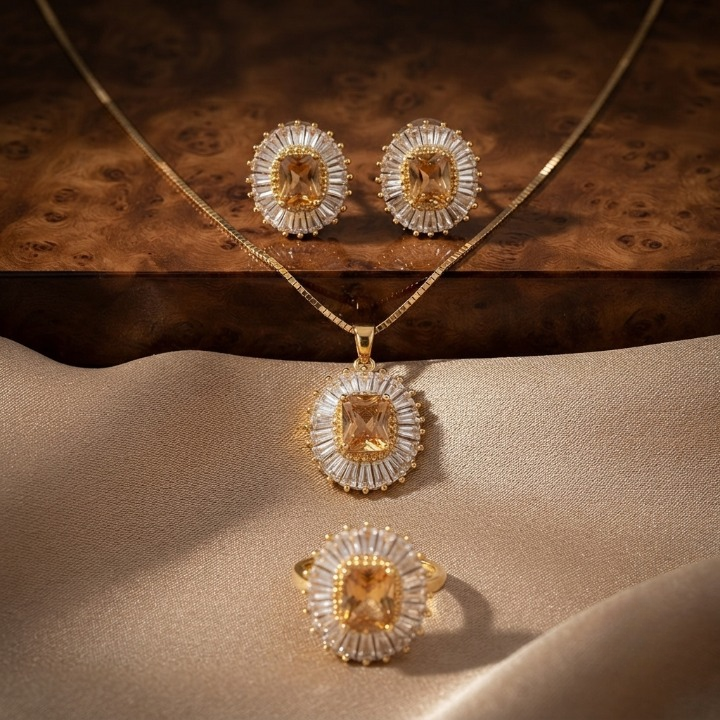 Zircon Combo Jewelry Set Chain With Locket, Stud Earrings And Ring