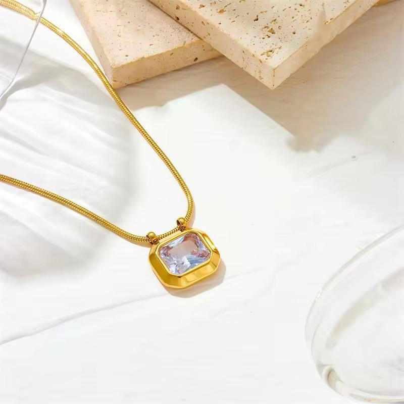 Premium Emerald-Cut Crystal Pendant Necklace –Stainless Steel Snake Chain with Large Icy Zircon Stone