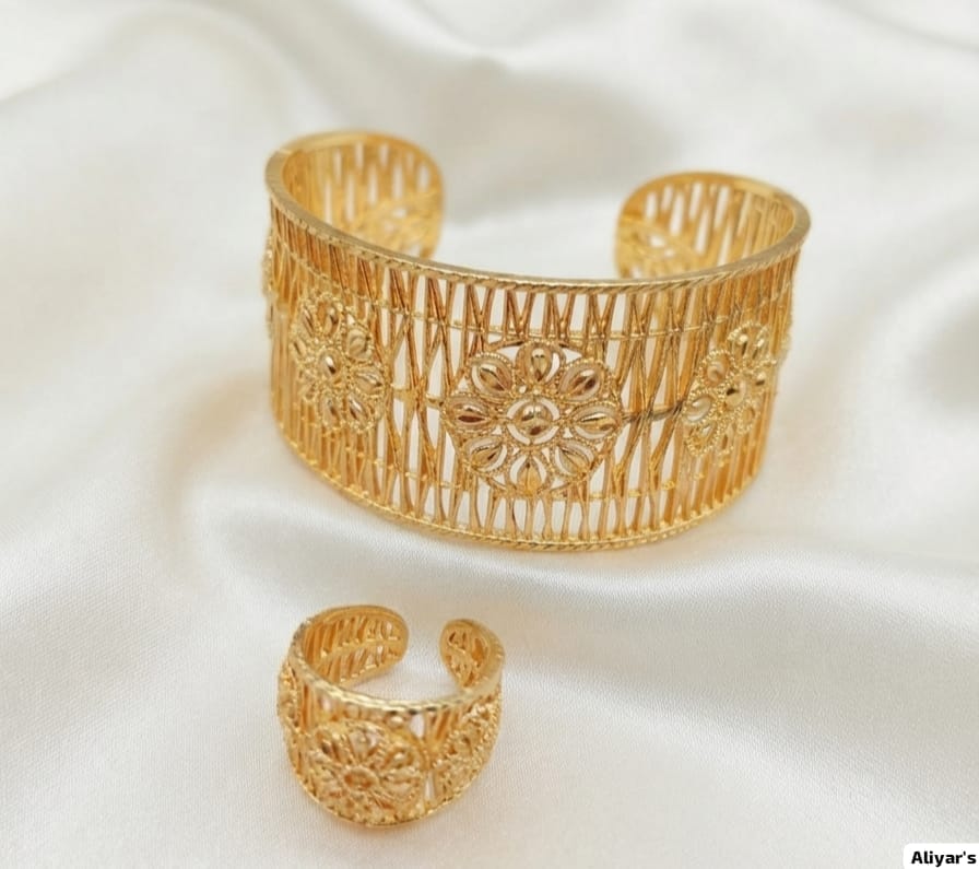 Flower Design Adjustable Bangle With Adjustable Ring