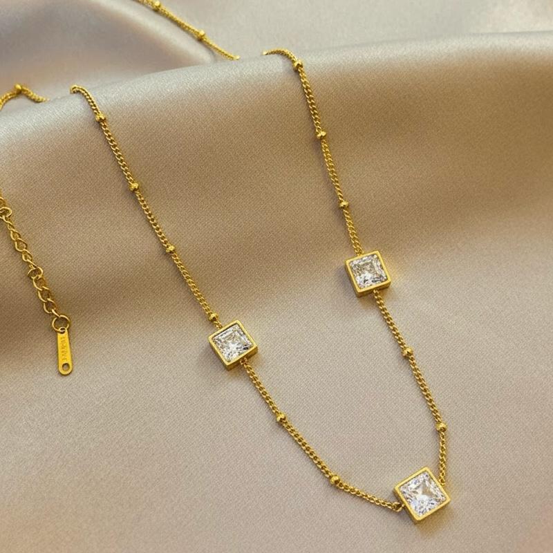 Stainless Steel Necklace Featuring Three White Zircon Square