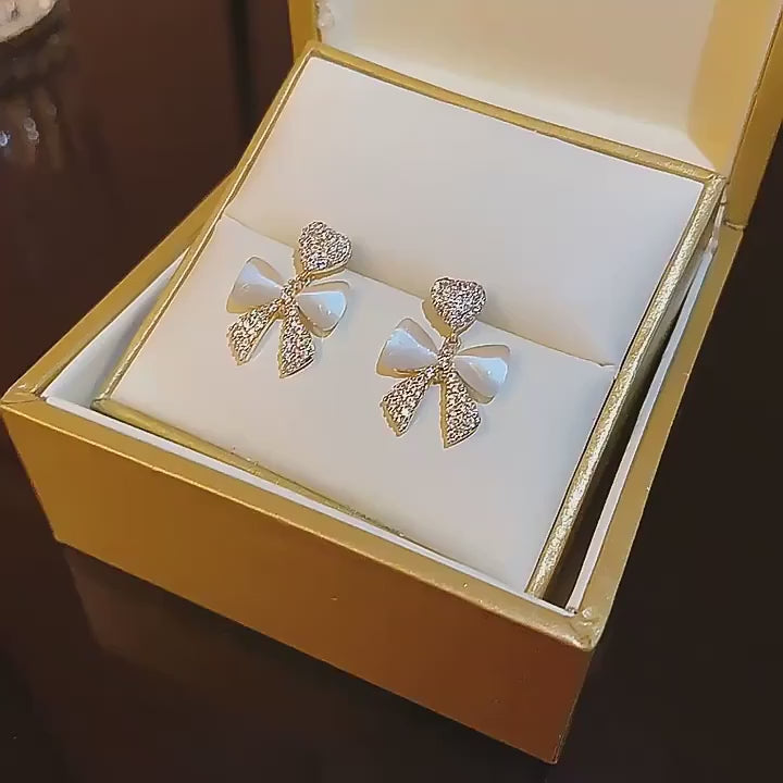 Heart Bow Zircon Korean Stud Earrings for Women – Elegant Golden Alloy Earrings Without Box
