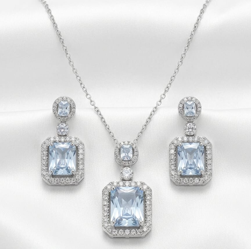 Chain Locket And Earrings Set With Cubic Zirconia Square Stone