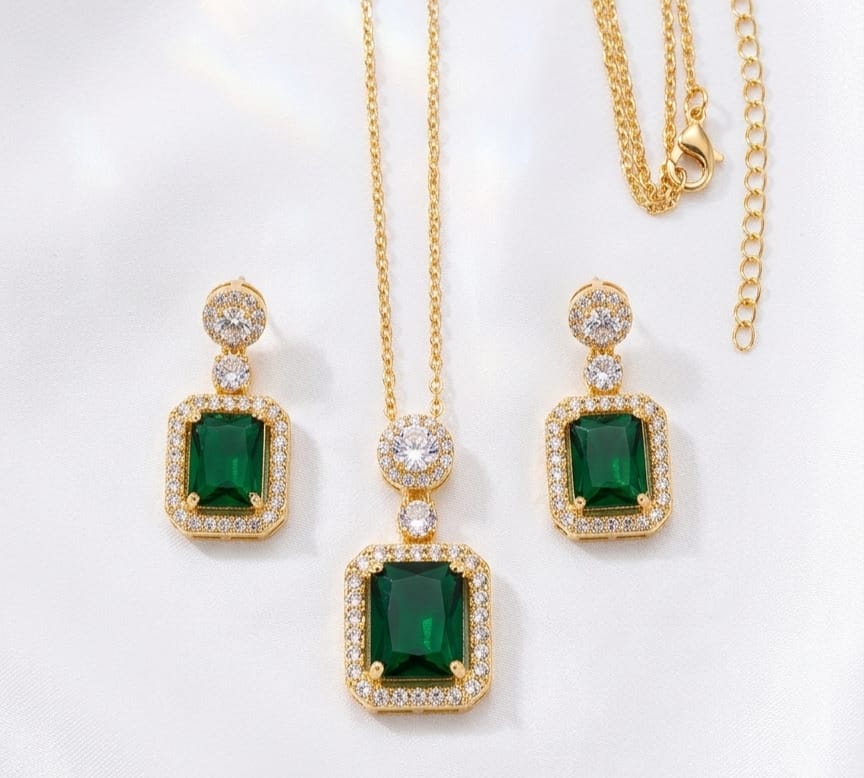 Chain Locket And Earrings Set With Cubic Zirconia Square Stone
